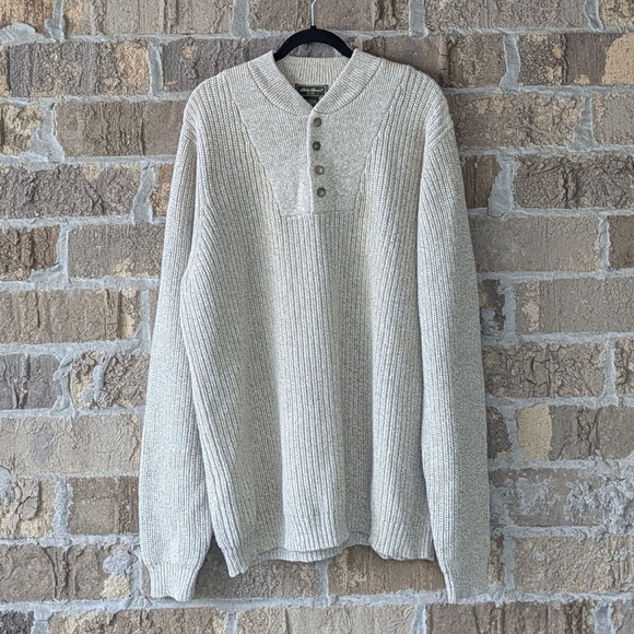 Vintage 90s Eddie Bauer Light Tan Shaker Stitch Henley Sweater Size Large TALL - Picture 7 of 7